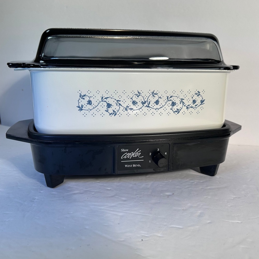 West Bend Slow Cooker 4Qt White Blue Floral Aluminum Pot Griddle Base Smoked Lid